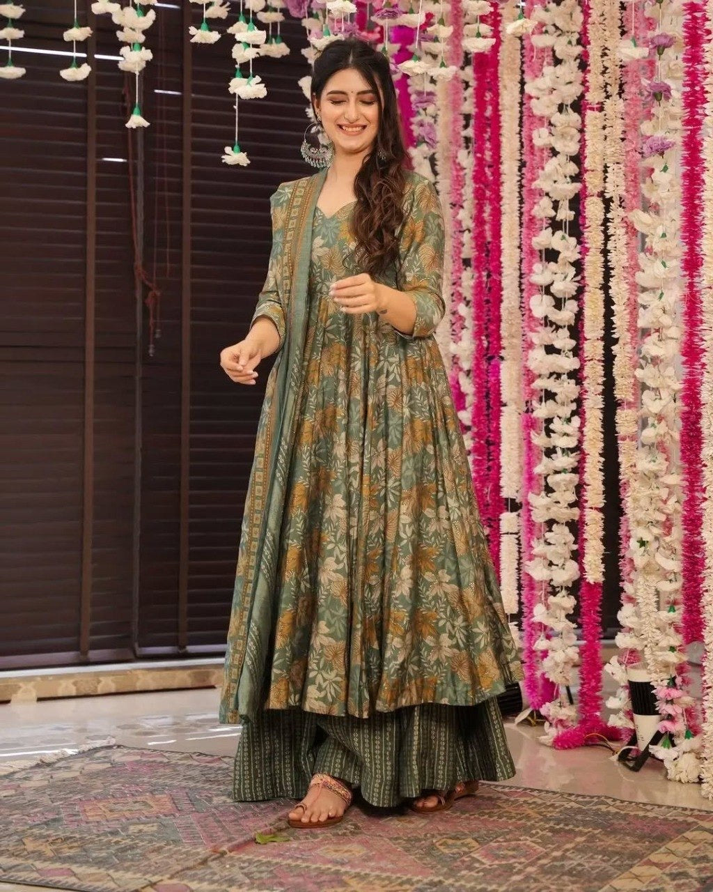Green Rayon Slub Printed Anarkali Kurti Set