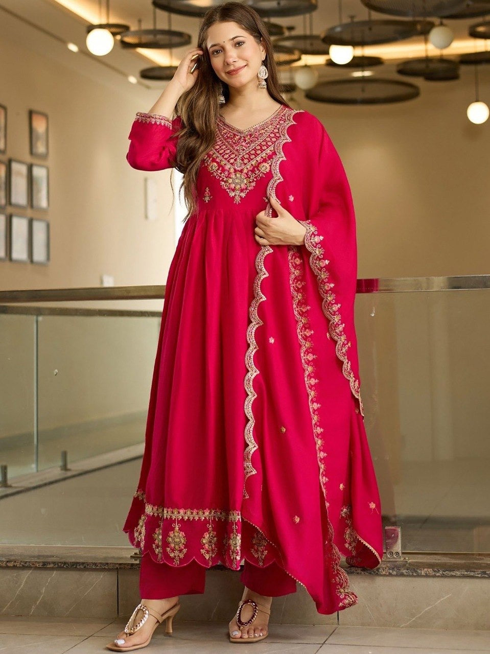 Pink Vichitra Embroidered Anarkali Kurta Set