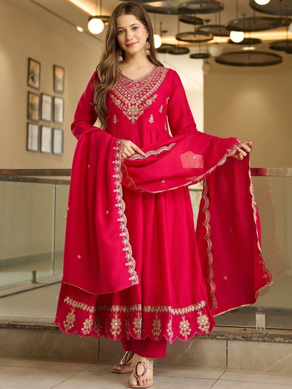 Pink Vichitra Embroidered Anarkali Kurta Set