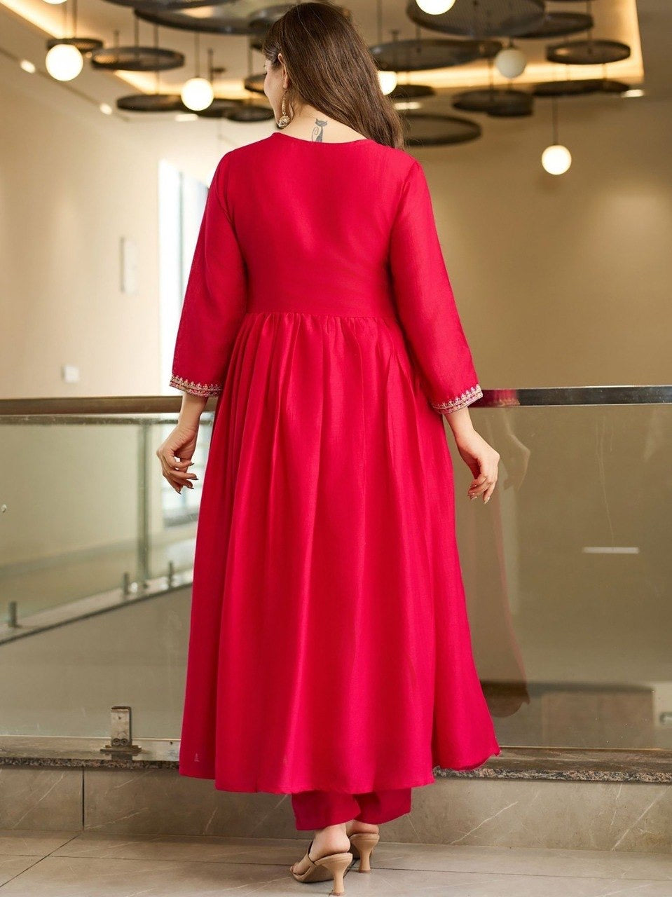 Pink Vichitra Embroidered Anarkali Kurta Set