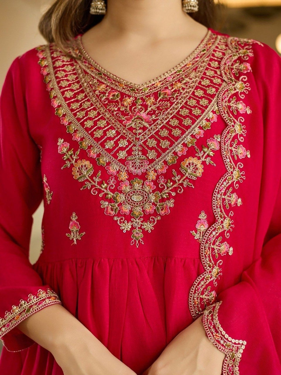 Pink Vichitra Embroidered Anarkali Kurta Set