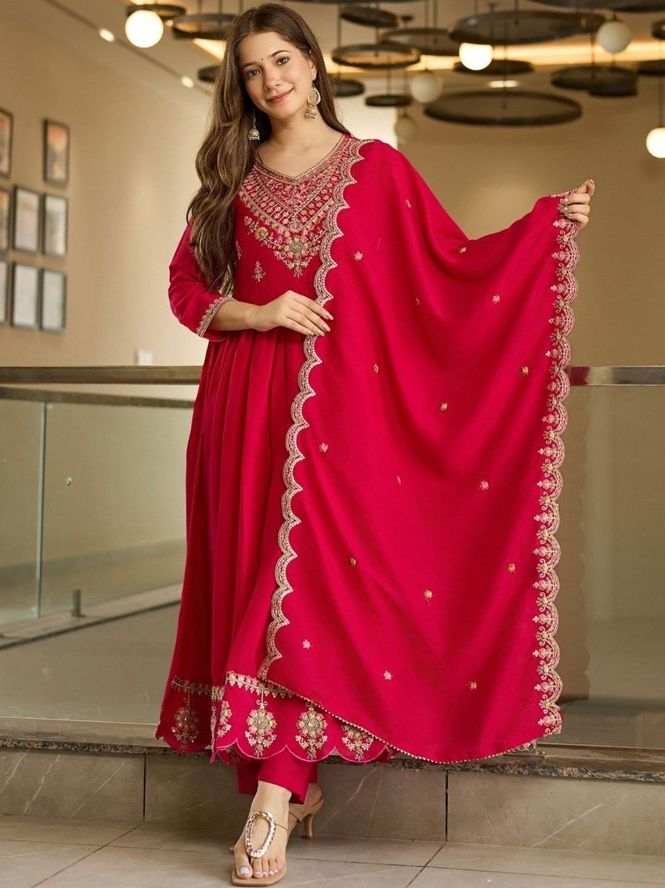 Pink Vichitra Embroidered Anarkali Kurta Set
