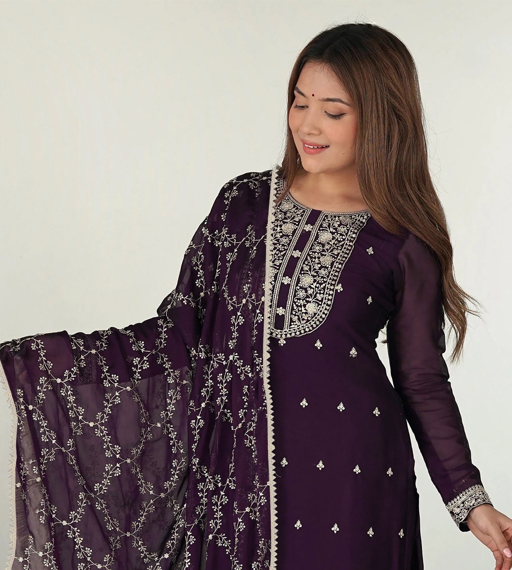 Purple Georgette Embroidered Kurta Set 