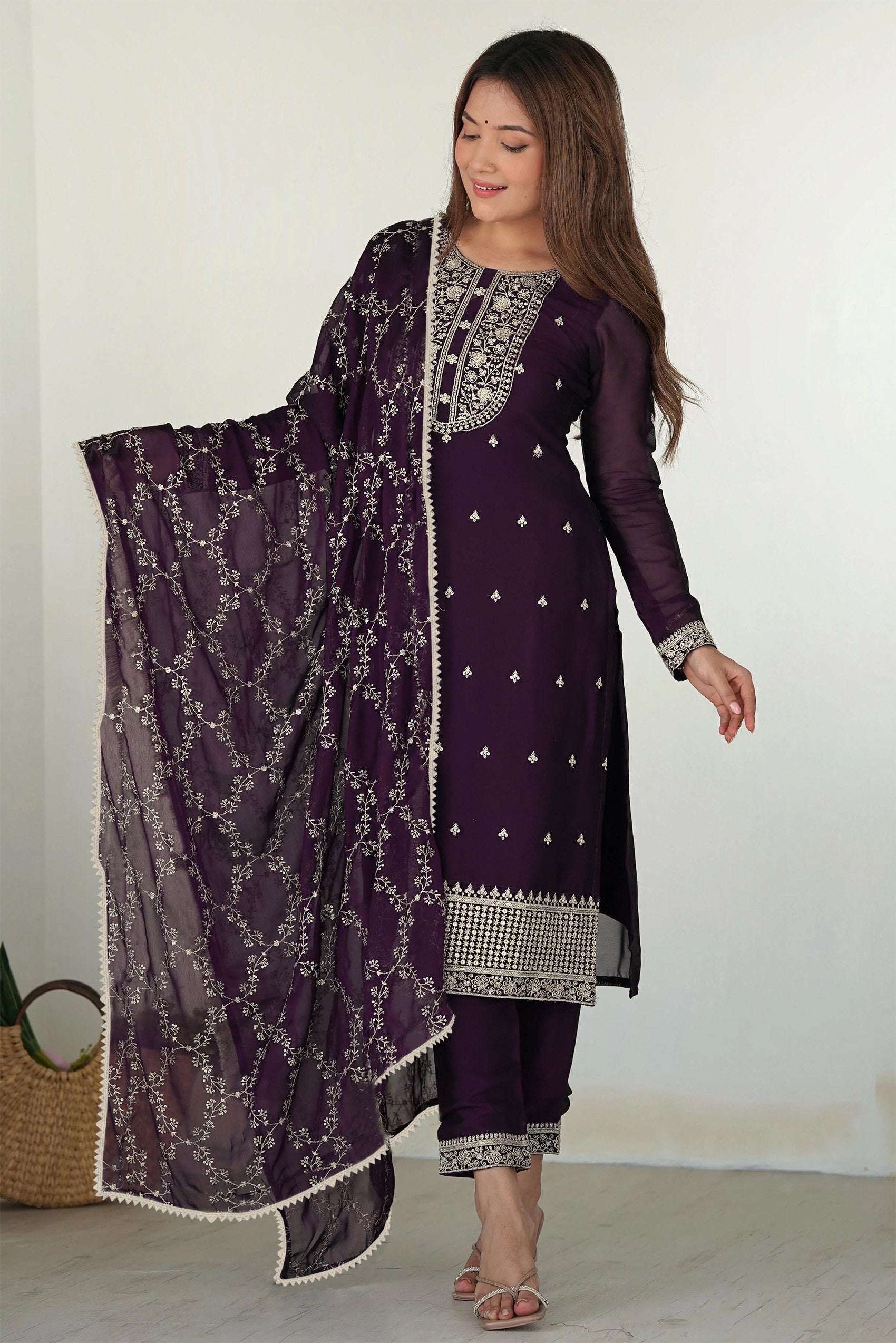 Purple Georgette Embroidered Kurta Set 