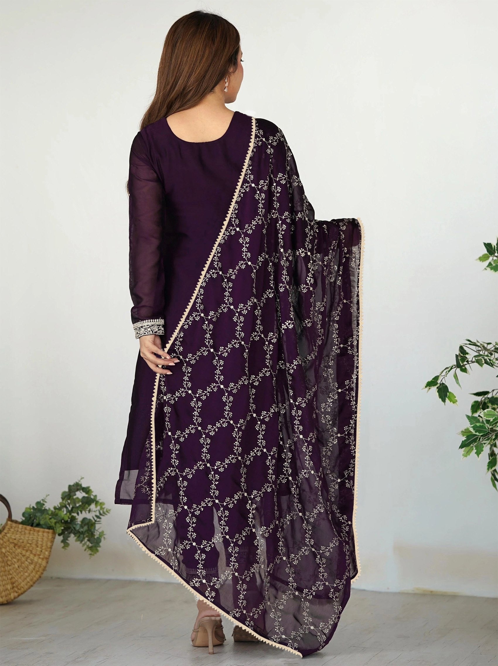 Purple Georgette Embroidered Kurta Set 