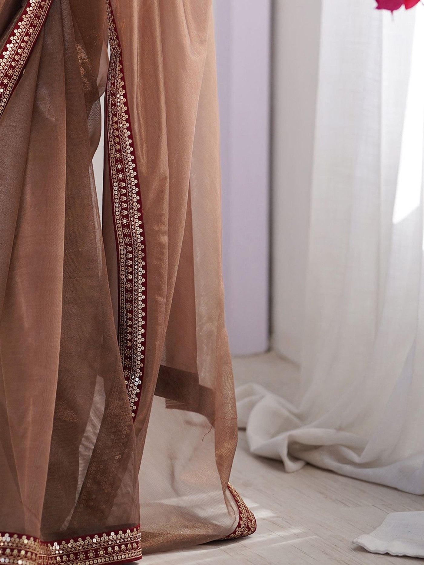 Brown Net Embroidered Party Wear Saree