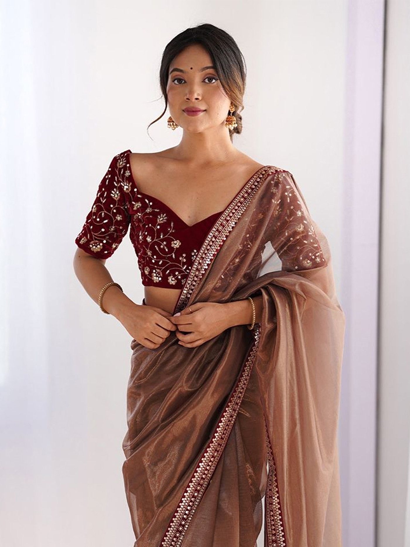 Brown Net Embroidered Party Wear Saree