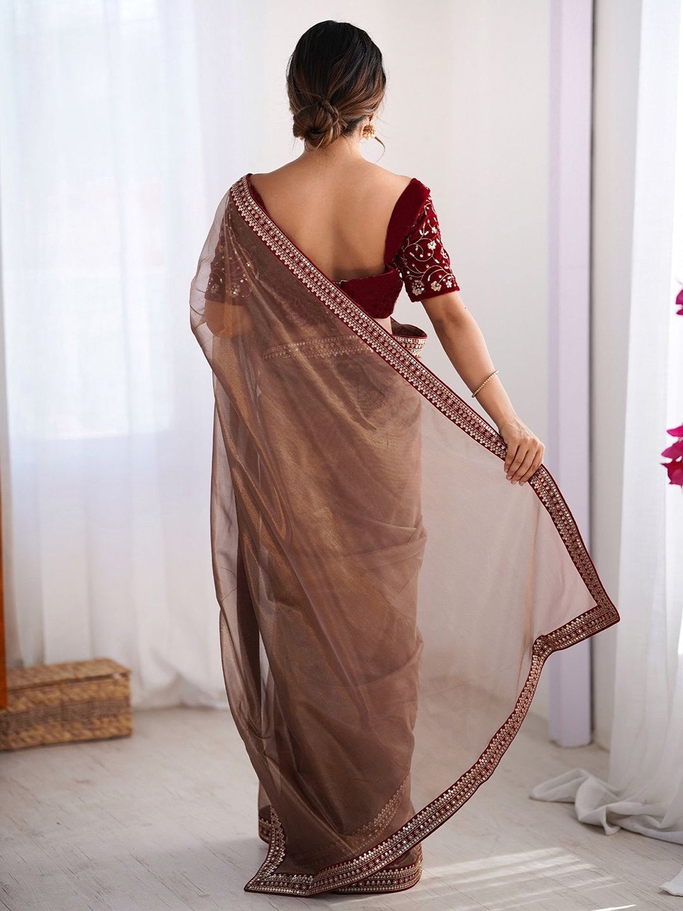 Brown Net Embroidered Party Wear Saree