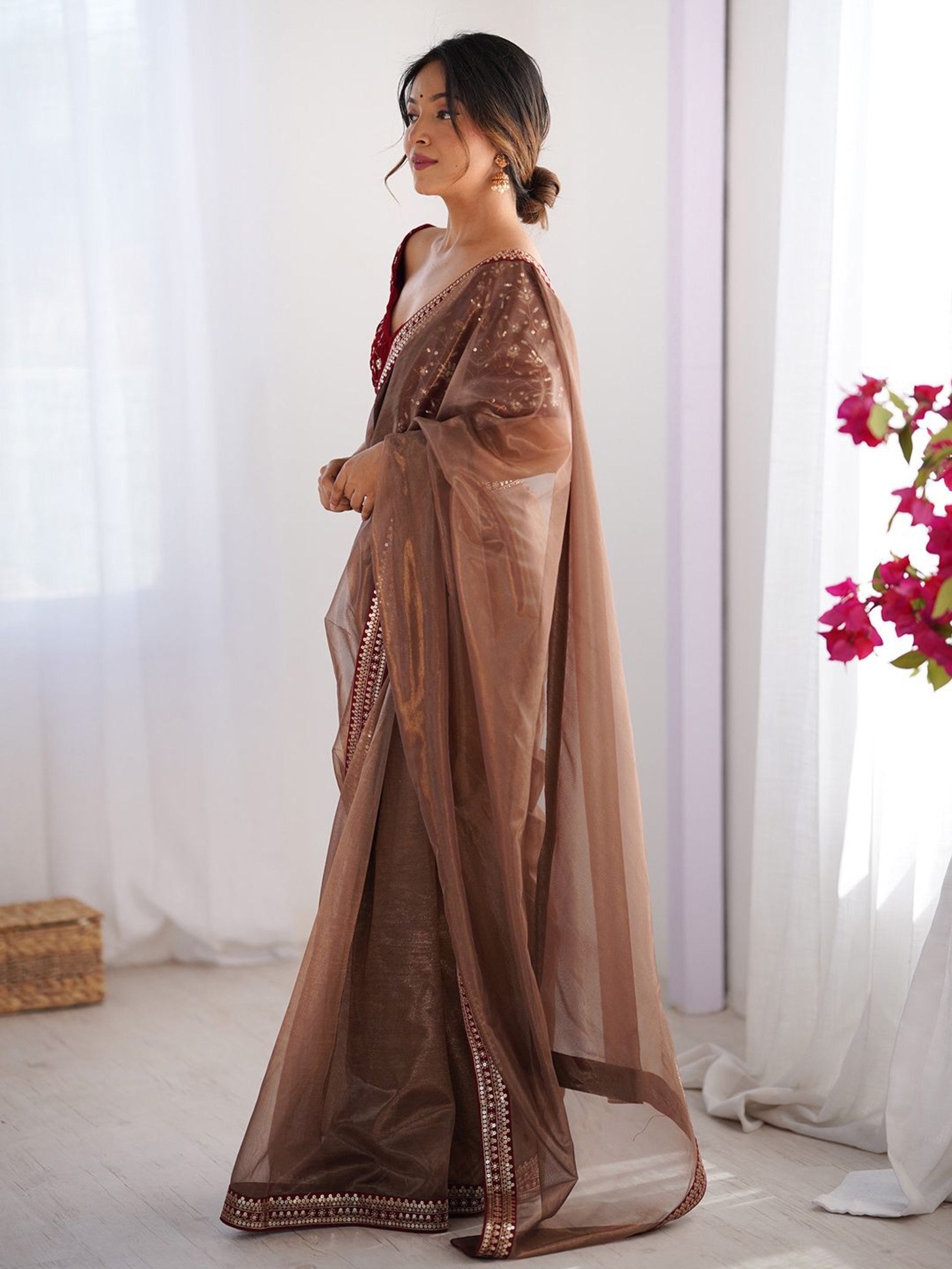 Brown Net Embroidered Party Wear Saree