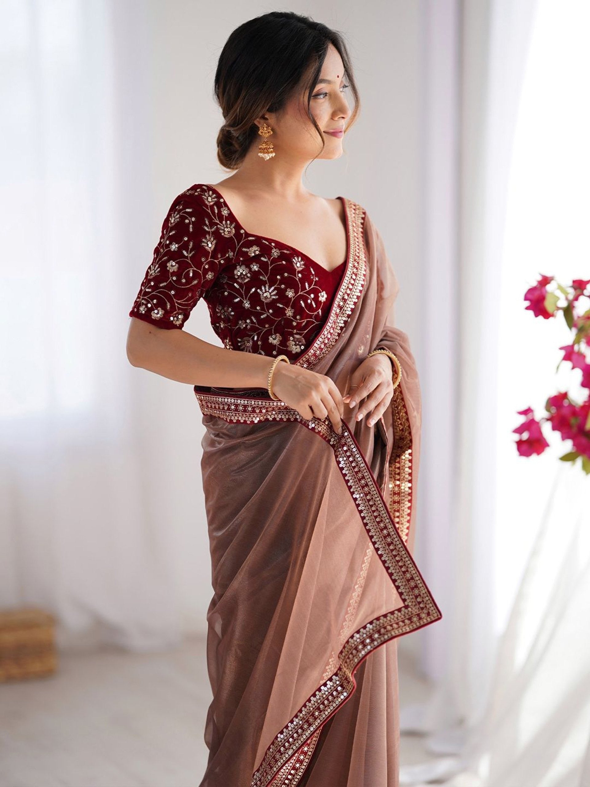 Brown Net Embroidered Party Wear Saree