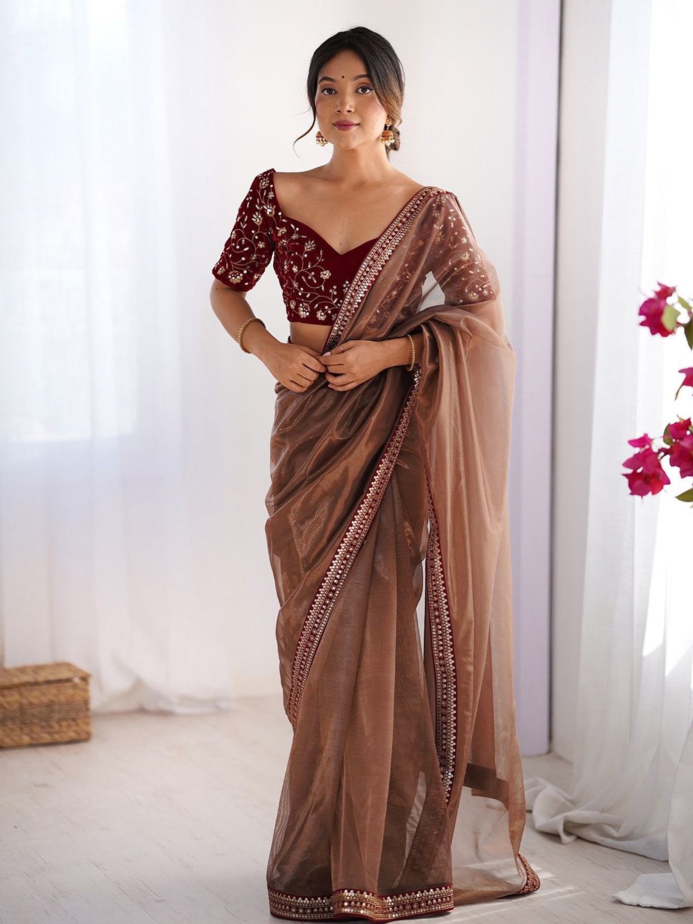 Brown Net Embroidered Party Wear Saree