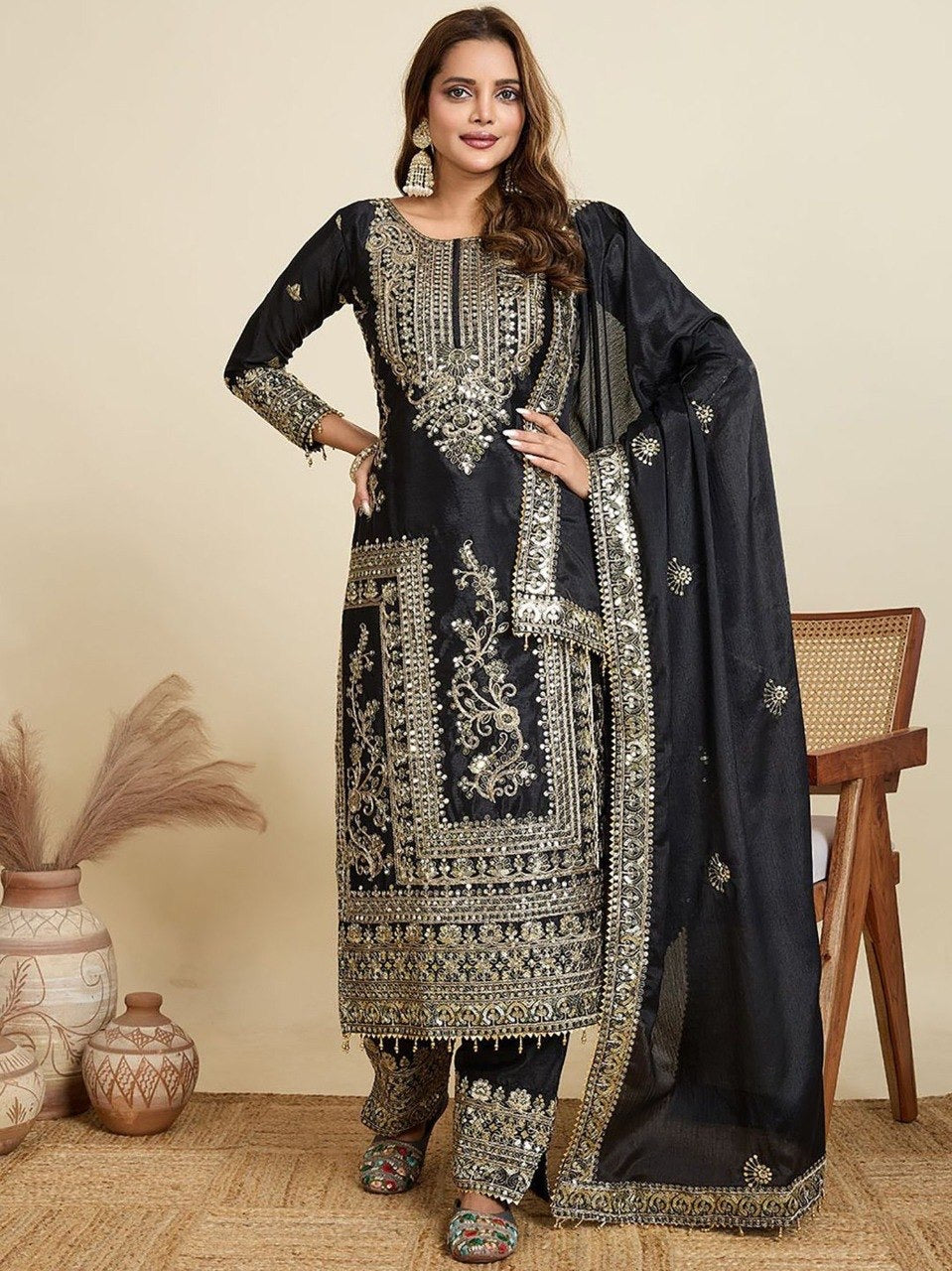 Black Jalpari Embroidered Kurta Set 
