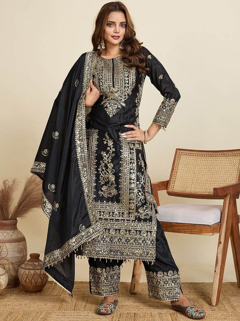 Black Jalpari Embroidered Kurta Set 