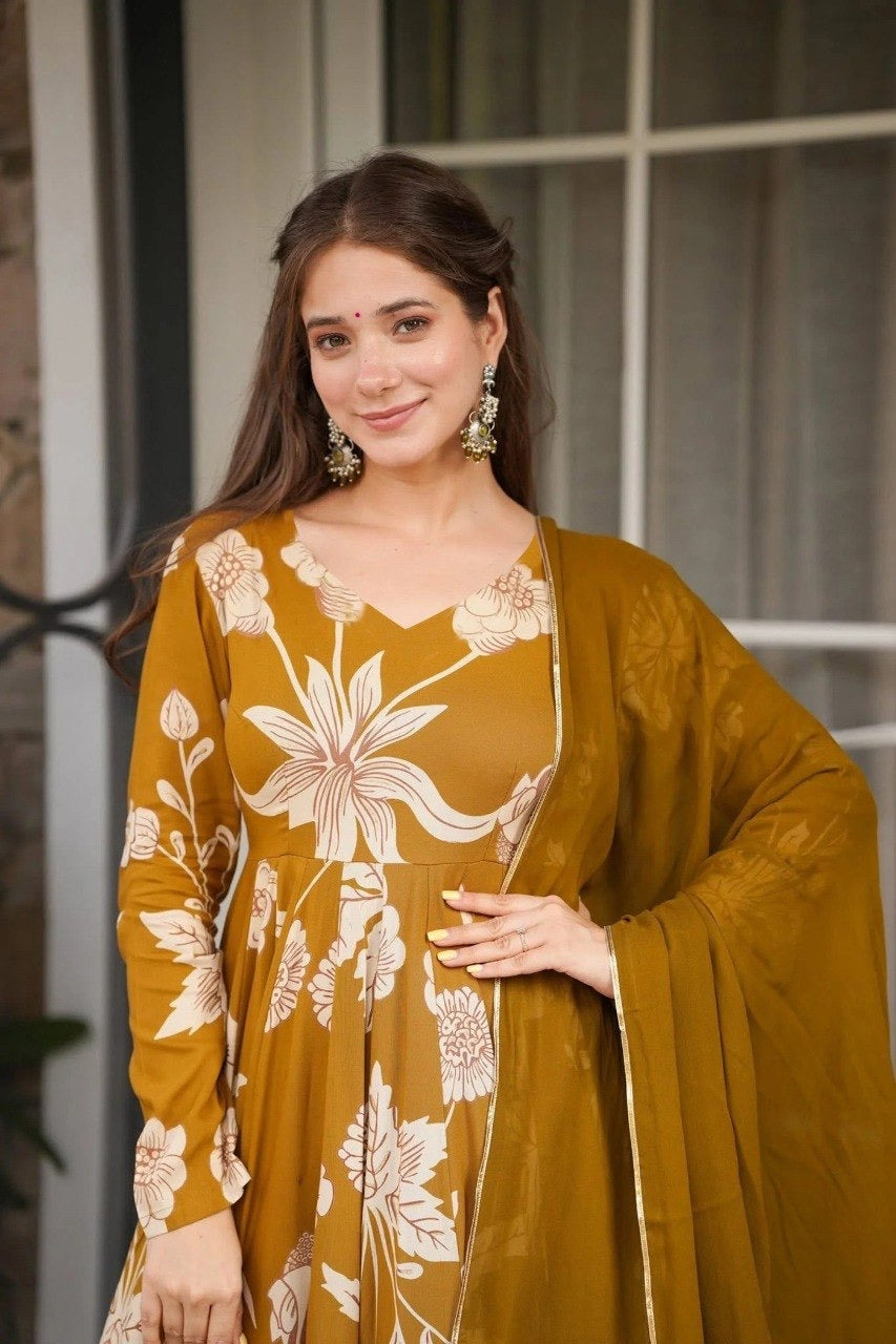 Yellow Rayon Slub Printed Anarkali Kurta Set 