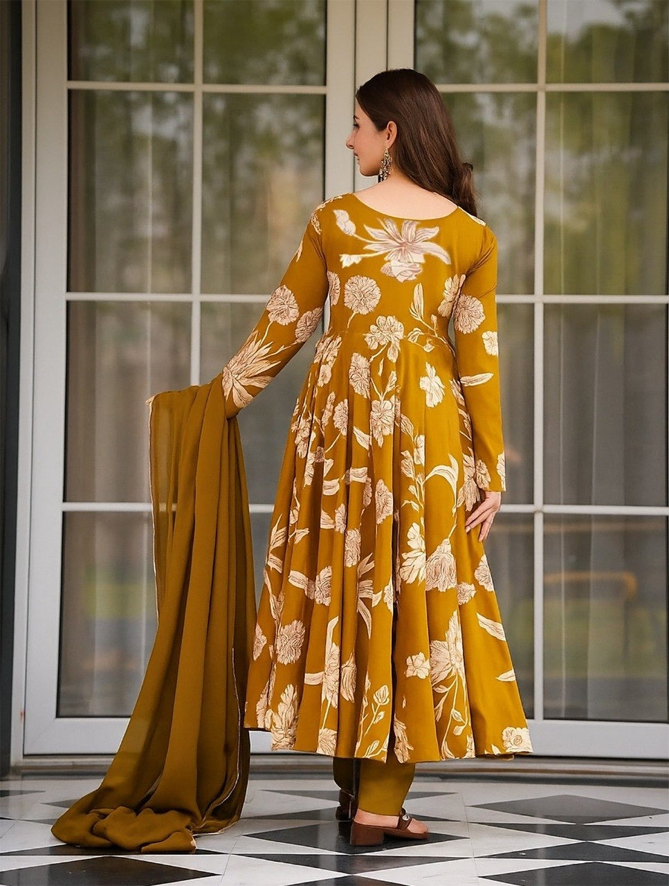 Yellow Rayon Slub Printed Anarkali Kurta Set 
