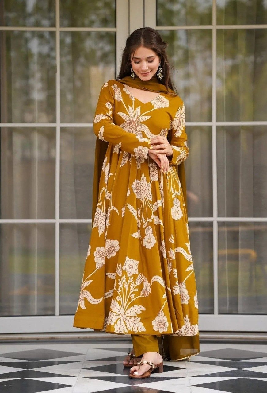 Yellow Rayon Slub Printed Anarkali Kurta Set 