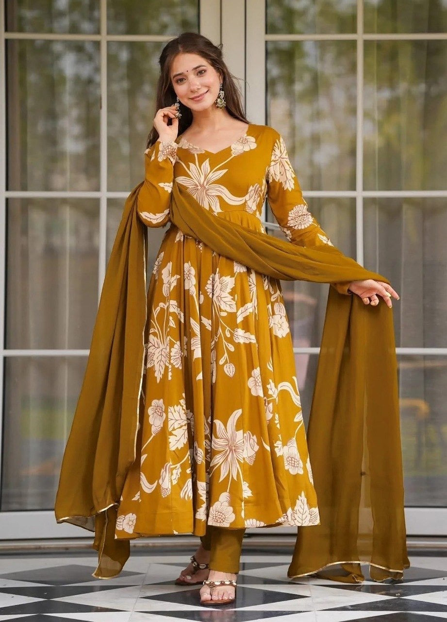 Yellow Rayon Slub Printed Anarkali Kurta Set 