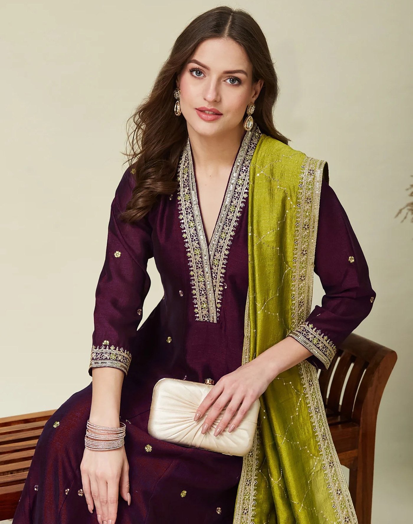 Wine Vichitra Embroidered Kurta Set 
