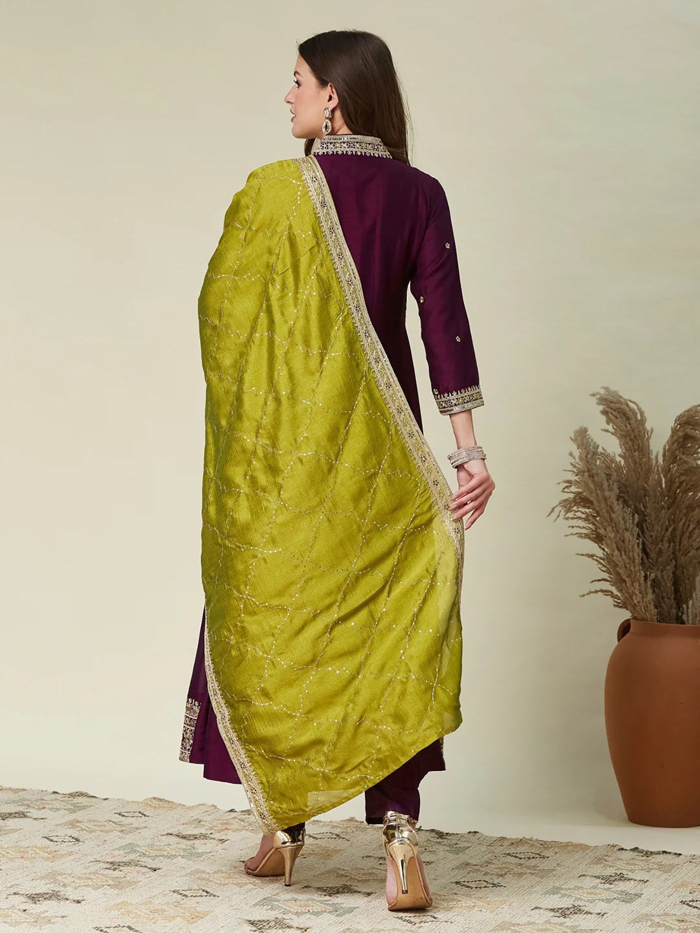 Wine Vichitra Embroidered Kurta Set 