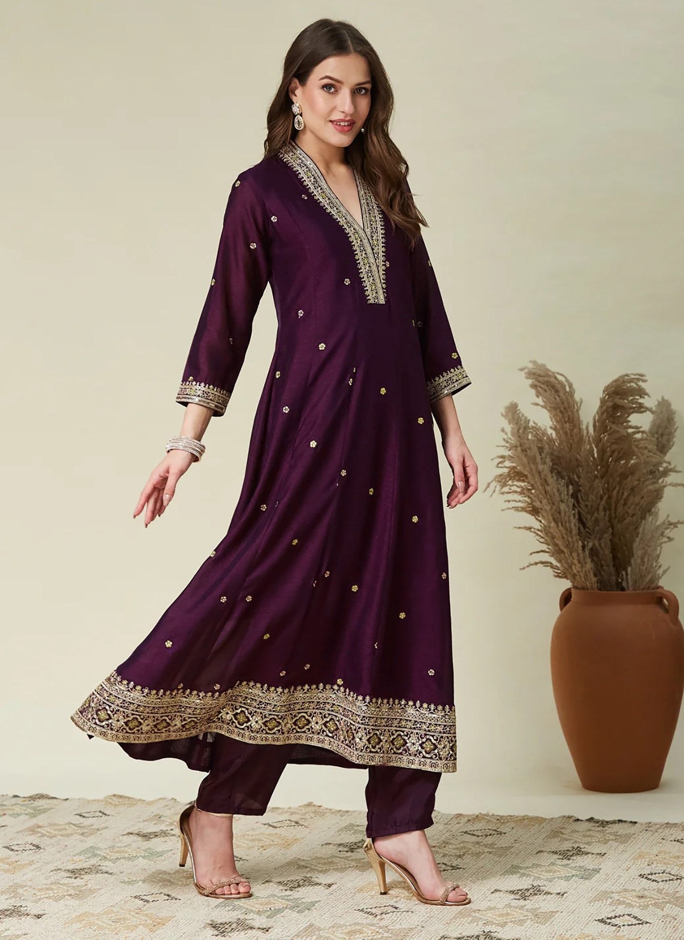 Wine Vichitra Embroidered Kurta Set 