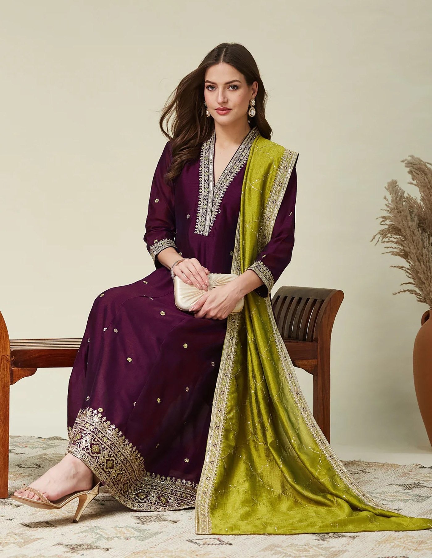 Wine Vichitra Embroidered Kurta Set 