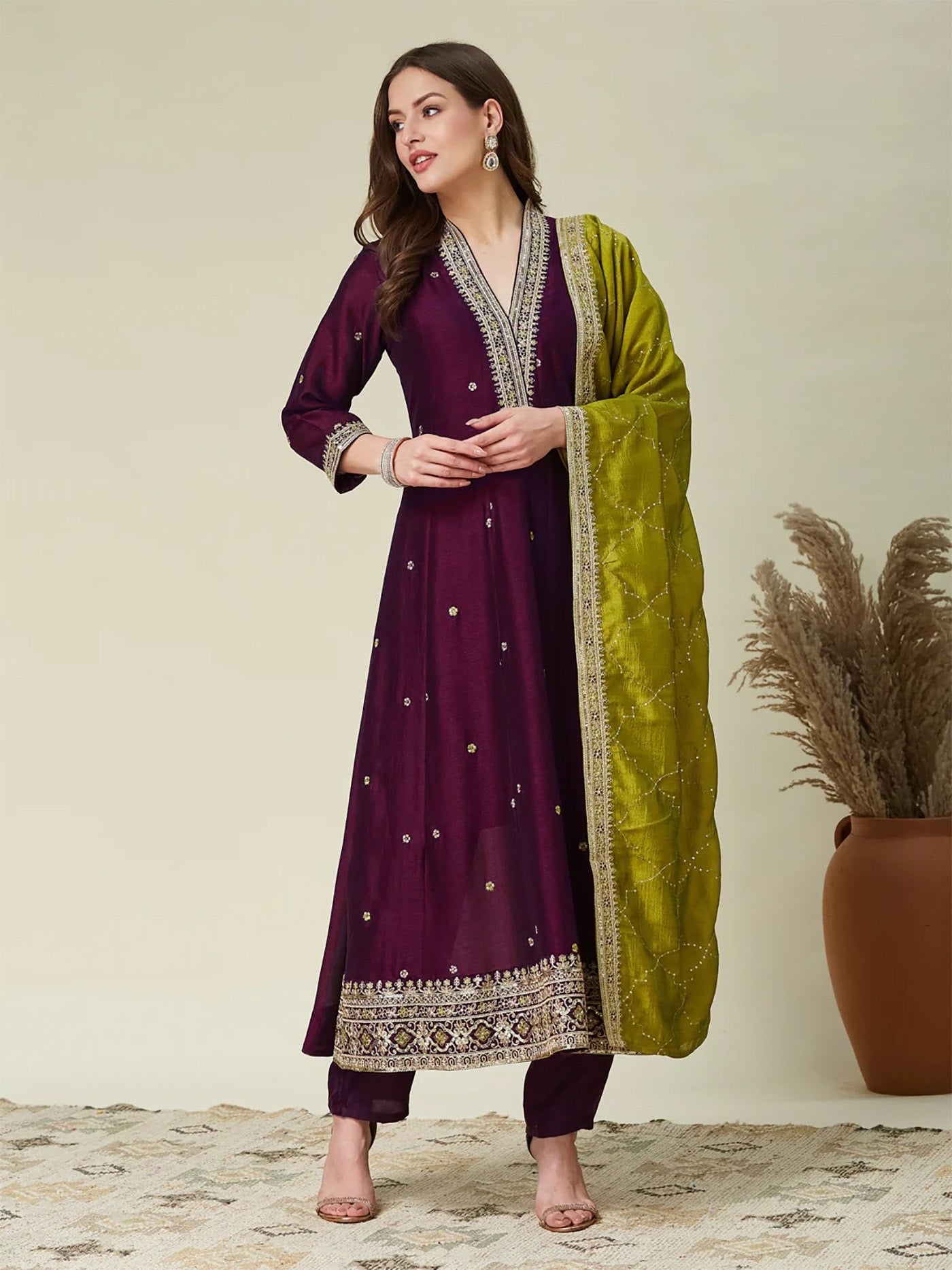 Wine Vichitra Embroidered Kurta Set 