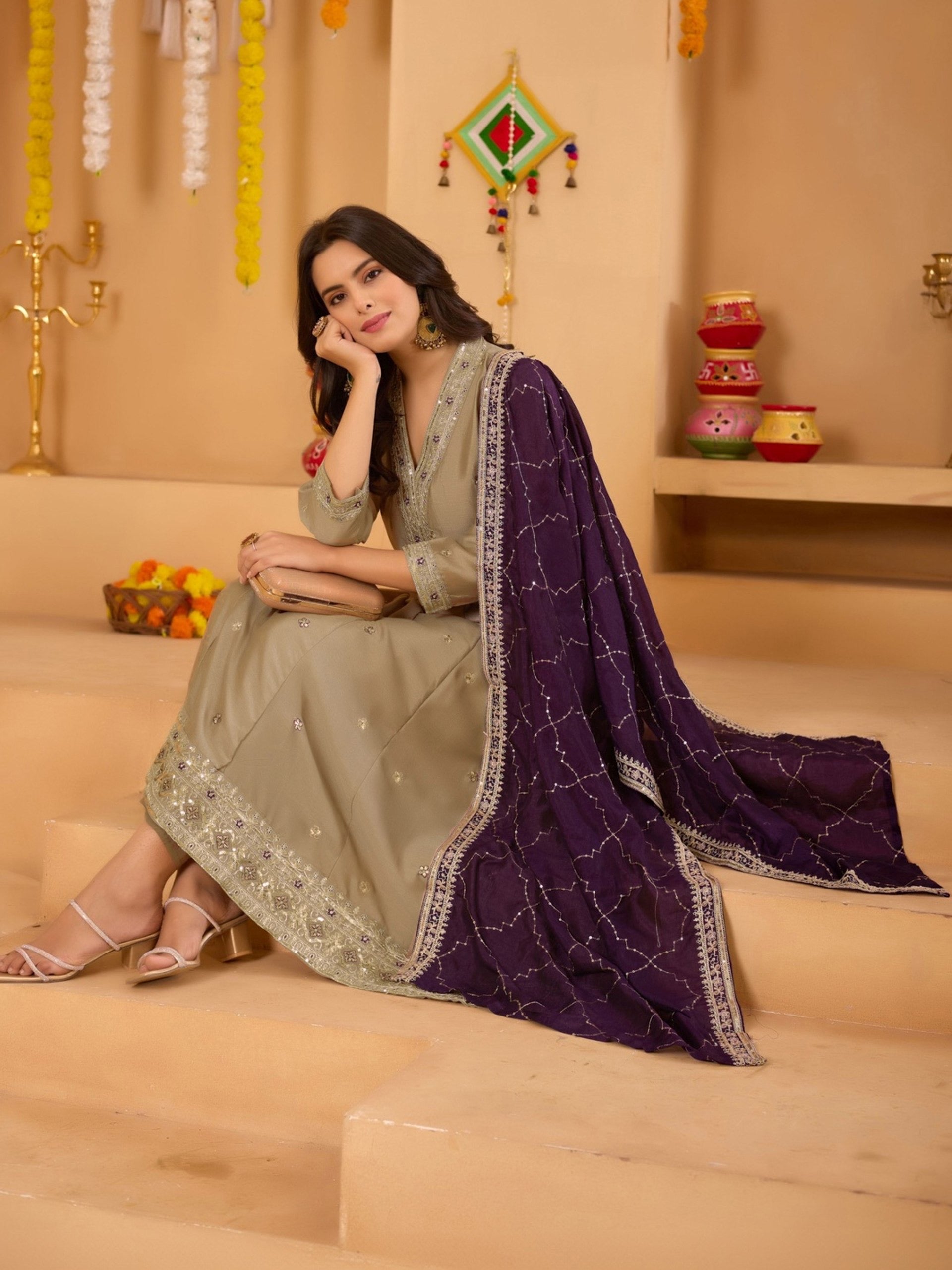 Beige Vichitra Embroidered Kurta Set 