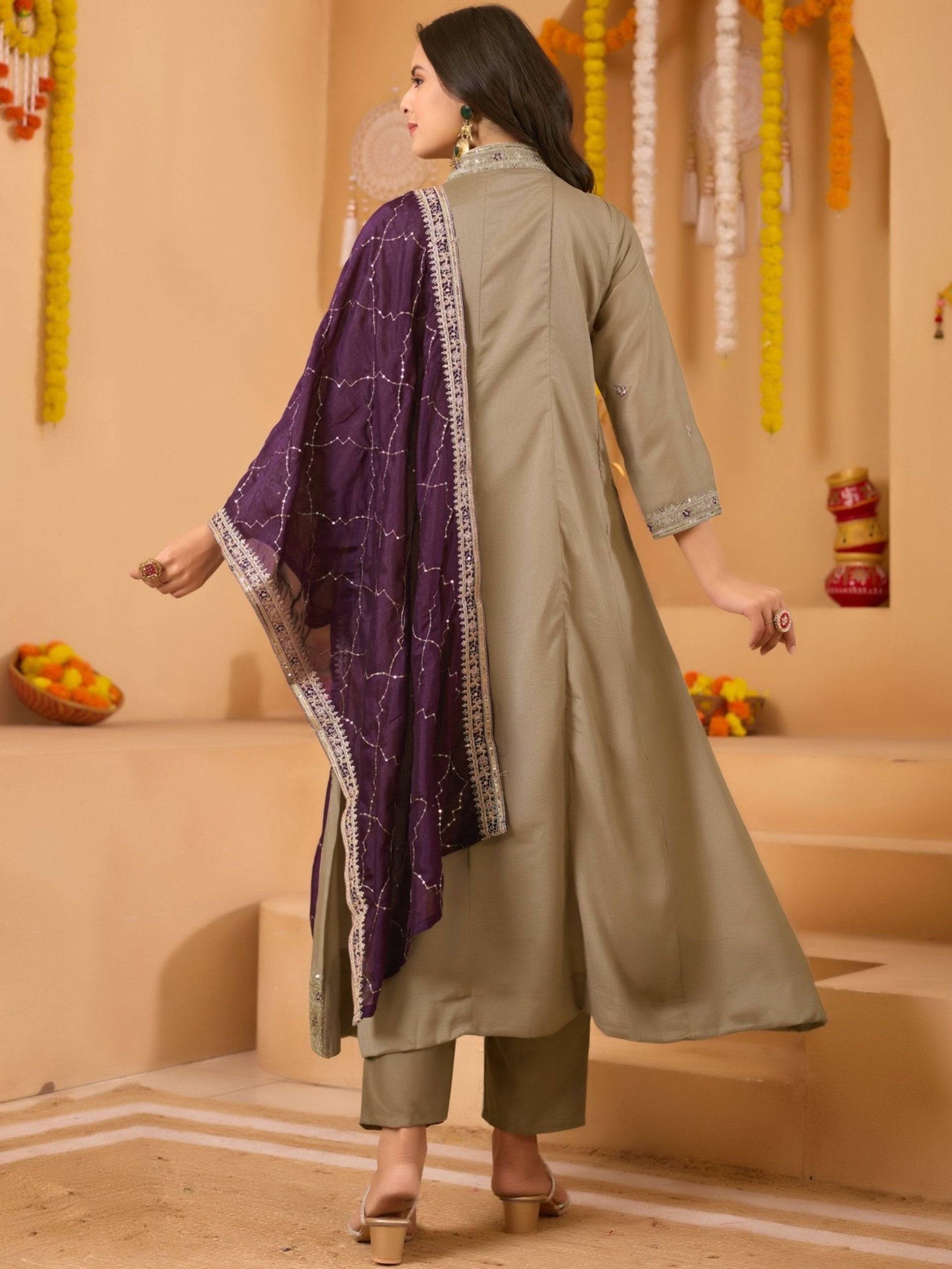 Beige Vichitra Embroidered Kurta Set 