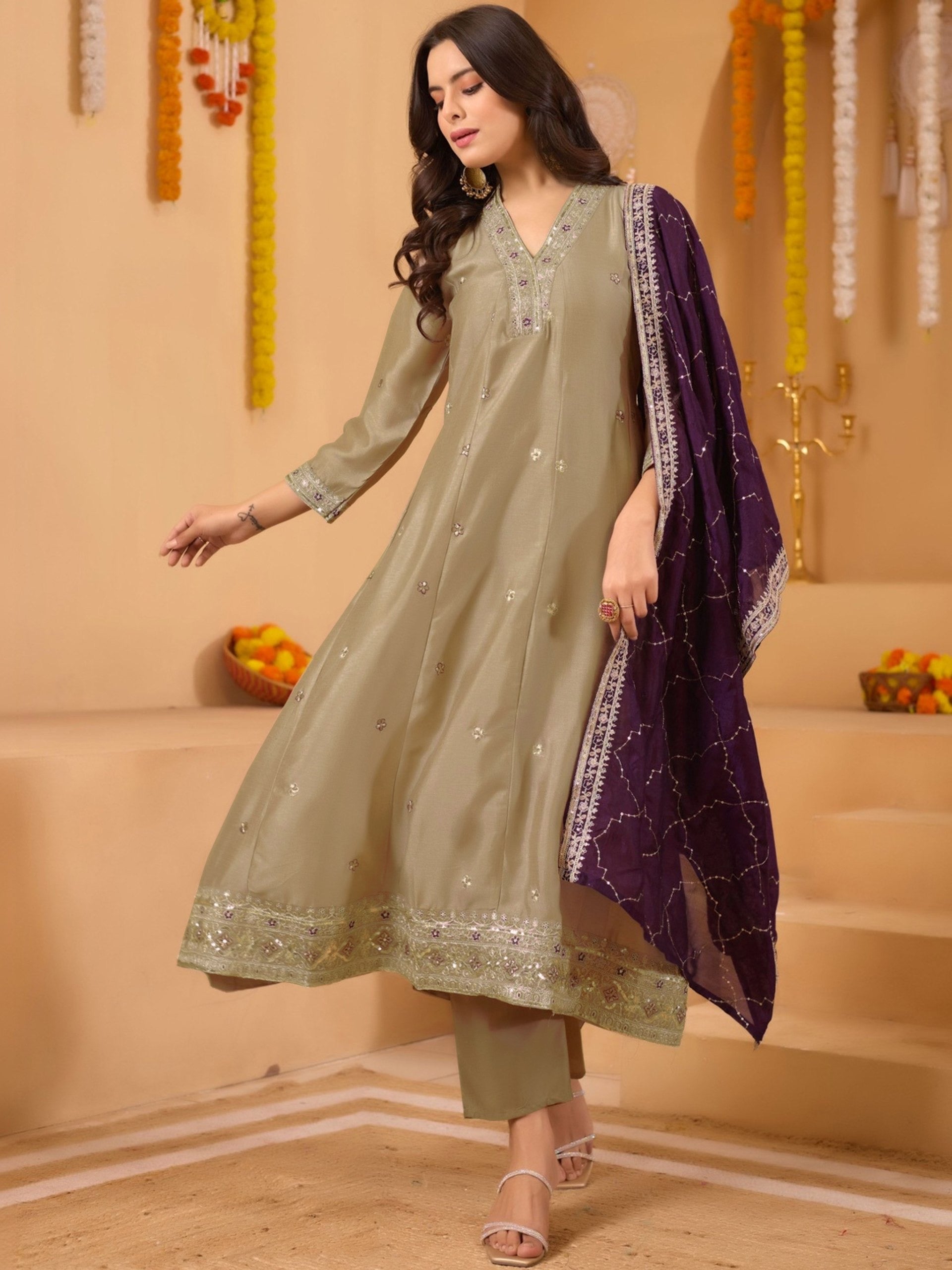 Beige Vichitra Embroidered Kurta Set 