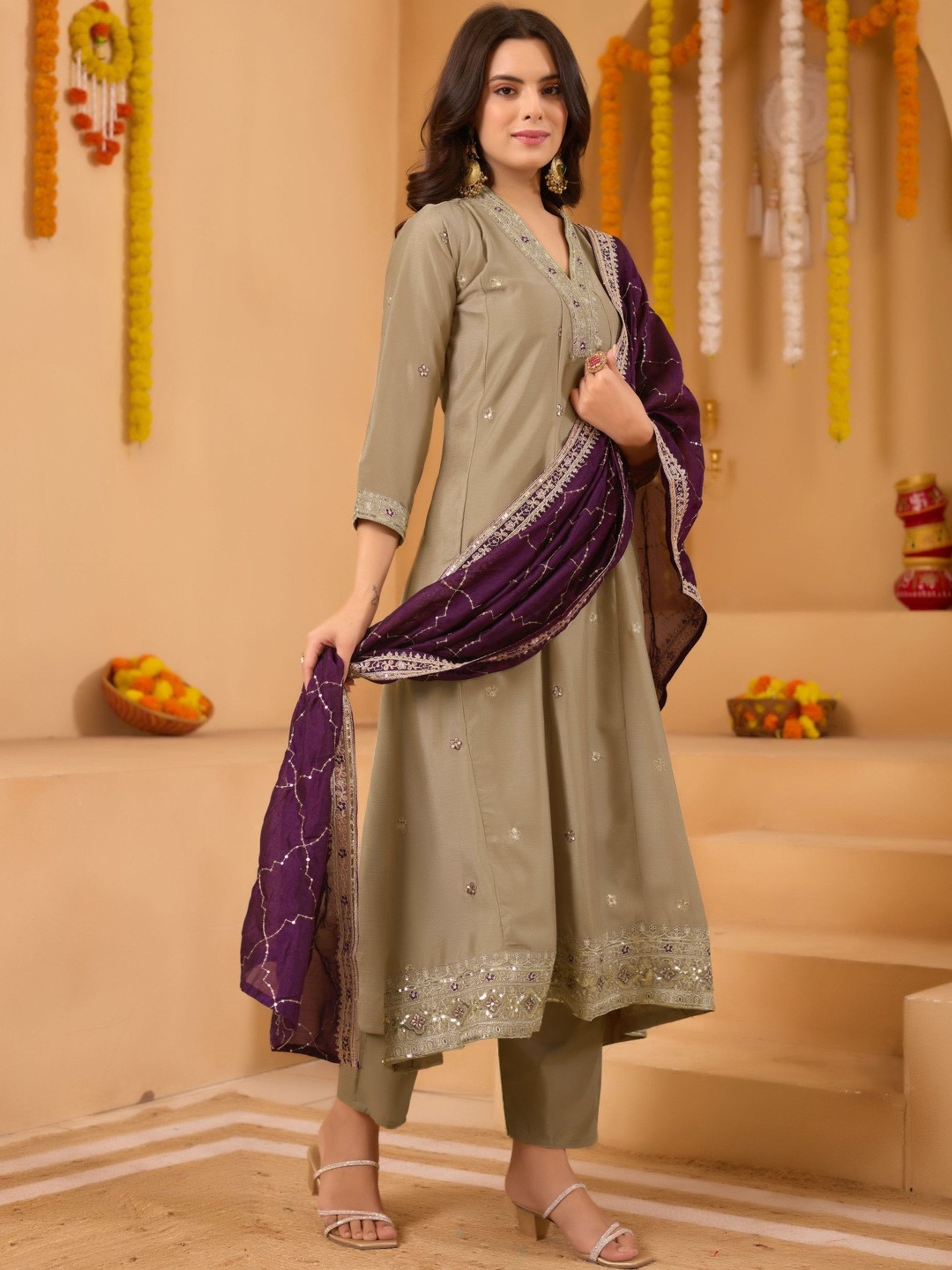 Beige Vichitra Embroidered Kurta Set 
