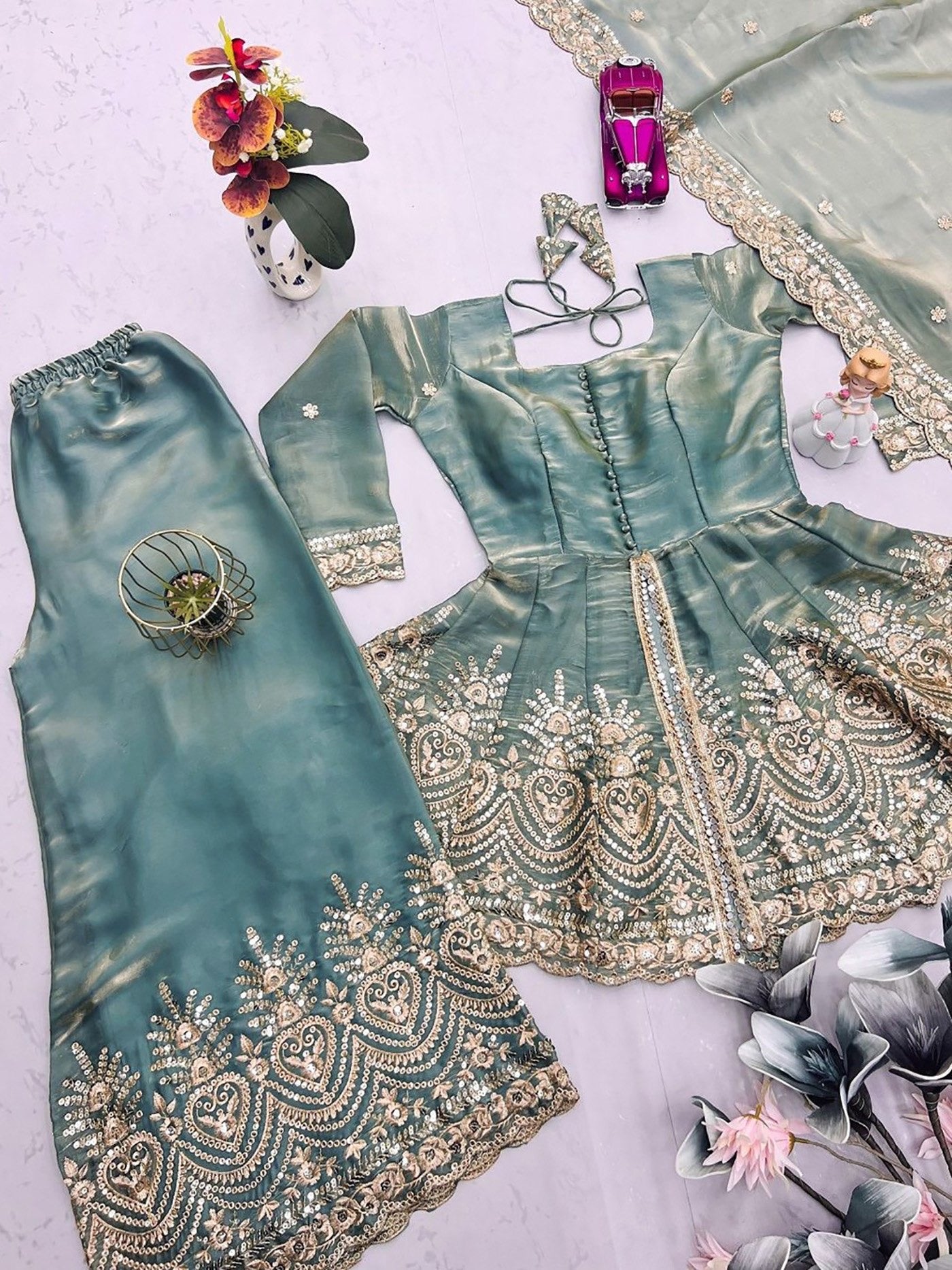 Firozi Fandy Silk Sequins Embroidered Kurta Set 