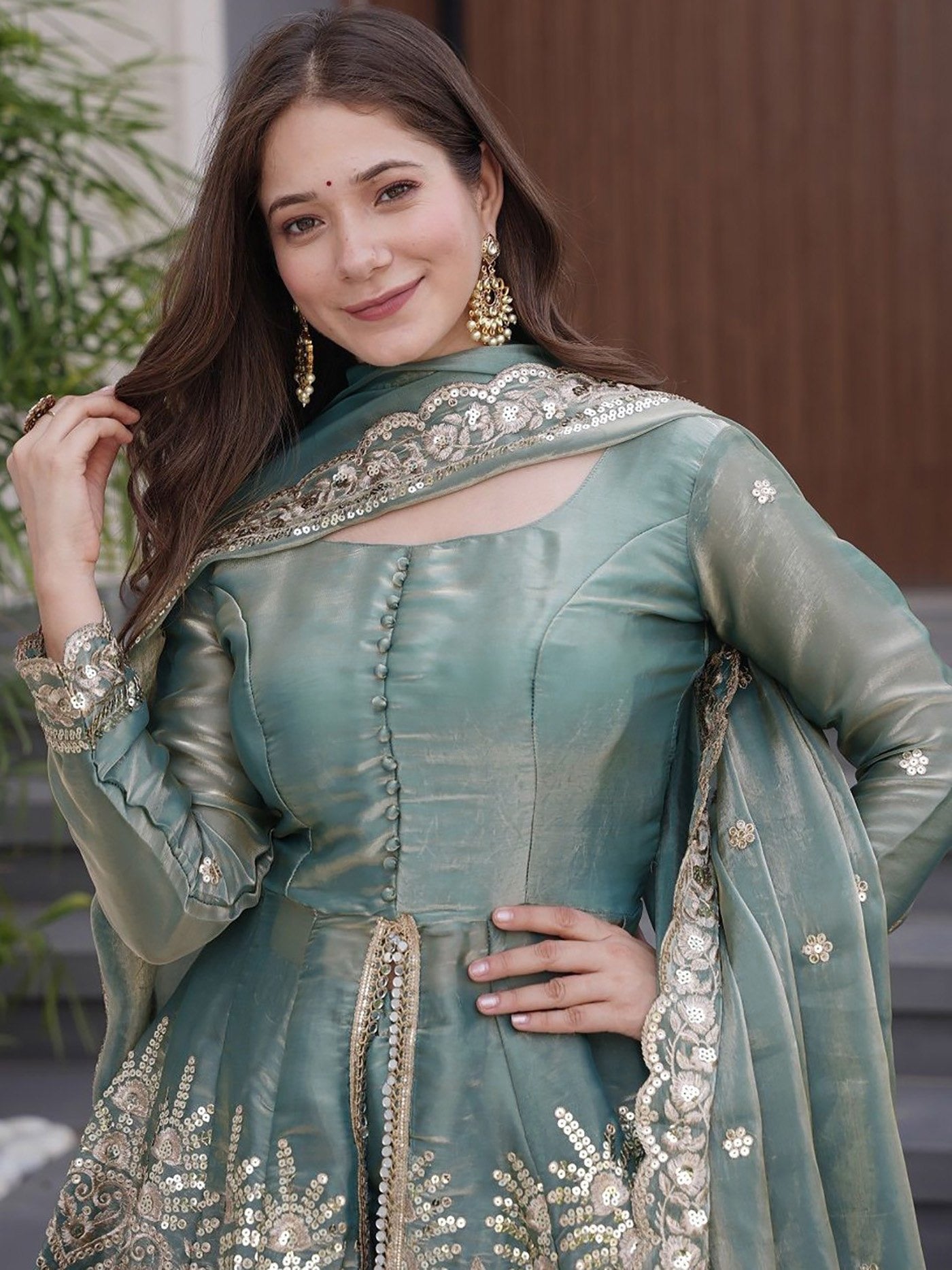 Firozi Fandy Silk Sequins Embroidered Kurta Set 