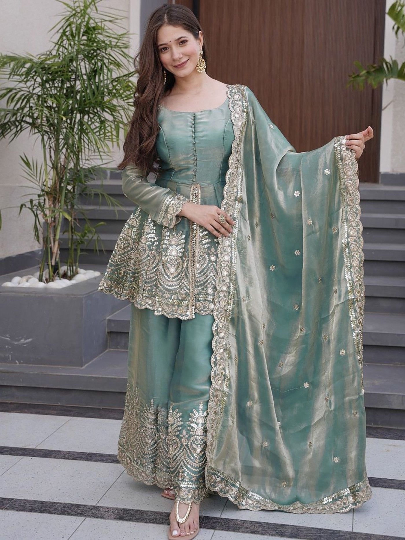 Firozi Fandy Silk Sequins Embroidered Kurta Set 