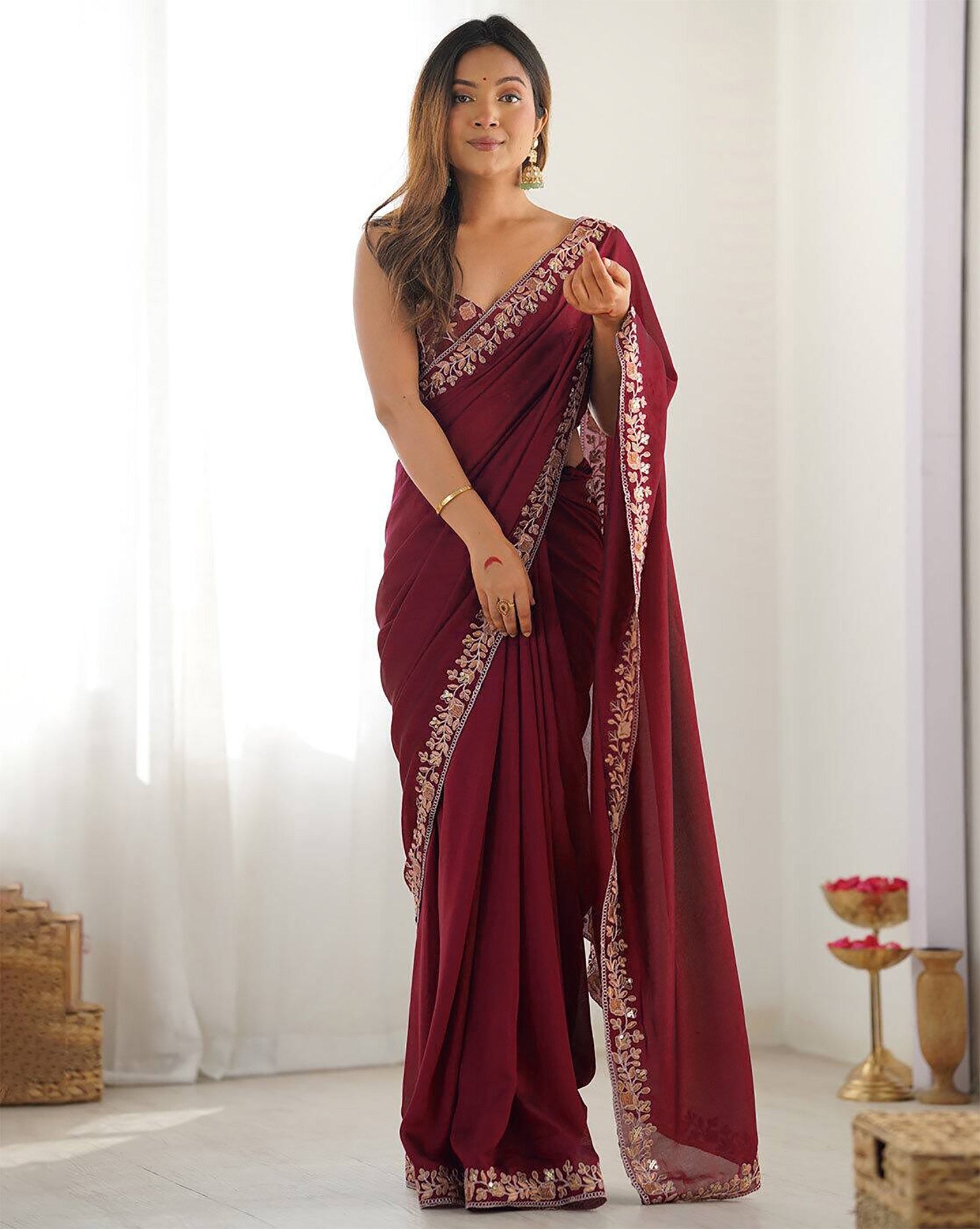 Wine Rangoli Embroidered Party Wear Saree 