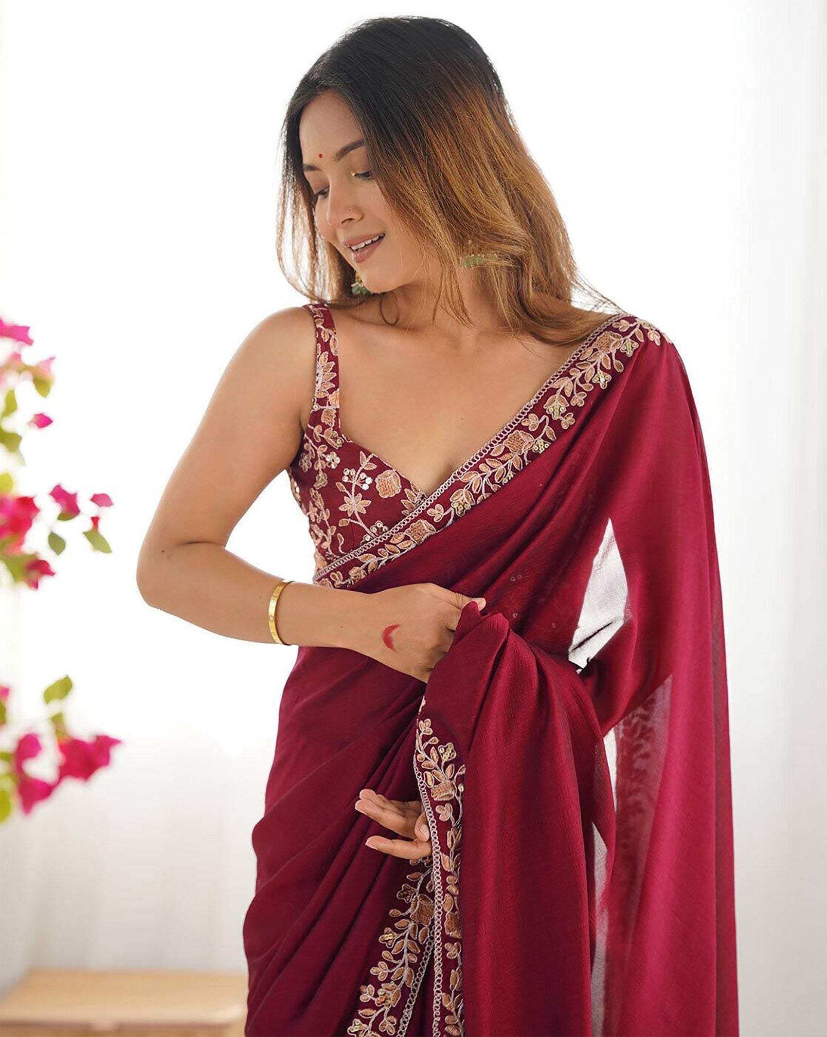 Wine Rangoli Embroidered Party Wear Saree 