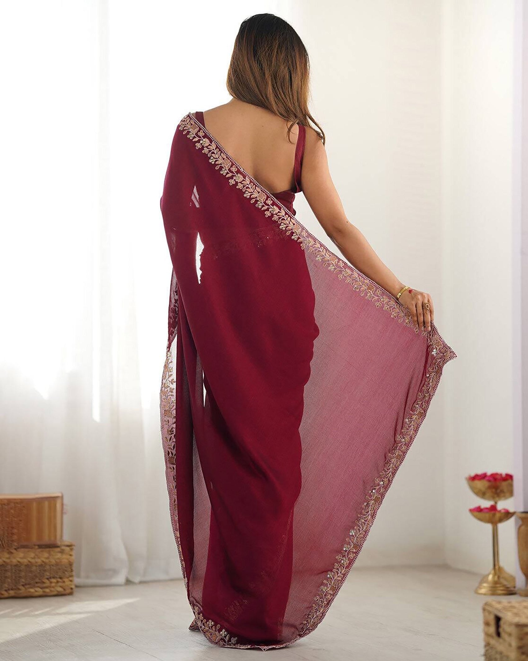 Wine Rangoli Embroidered Party Wear Saree 