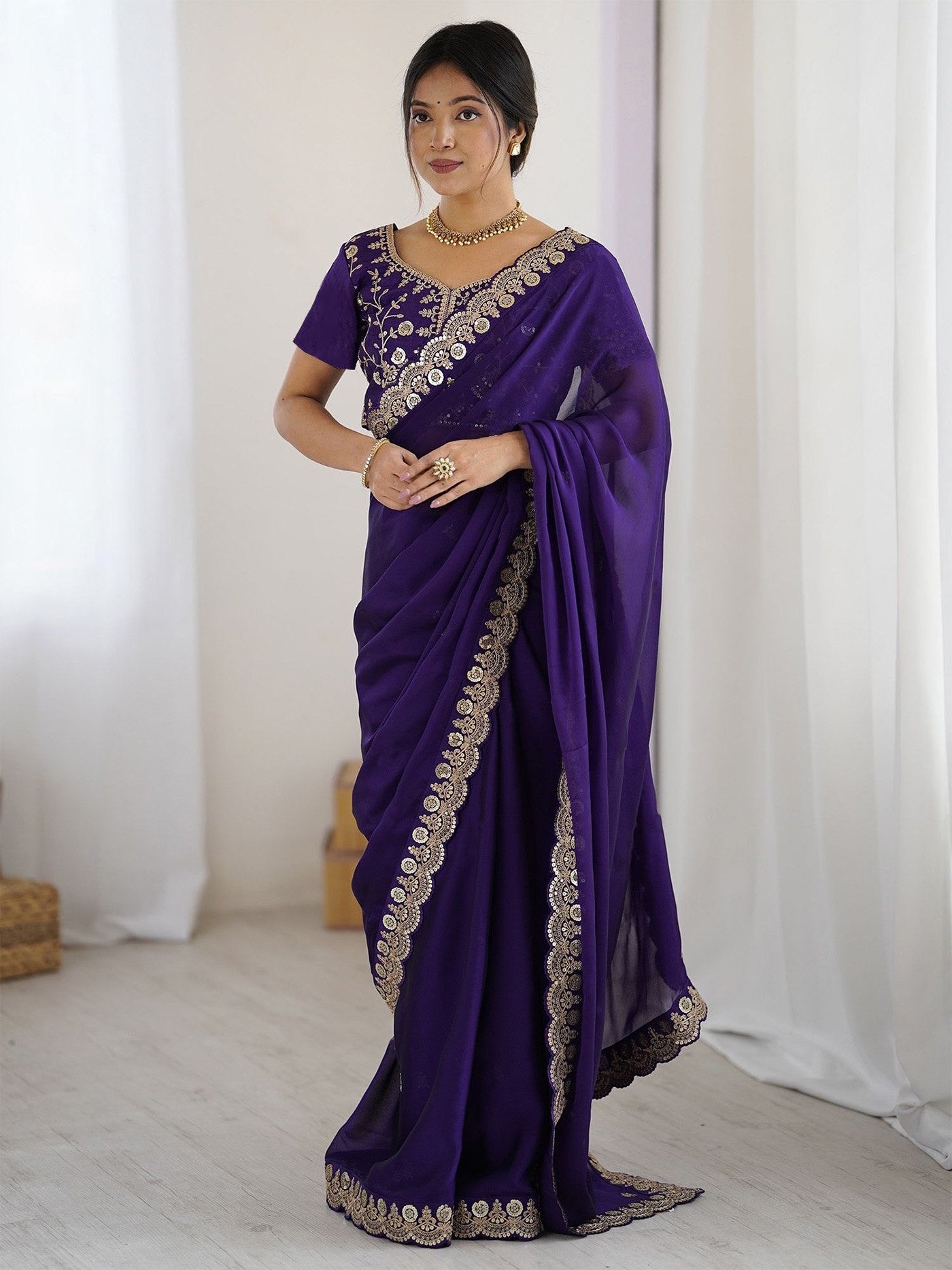 Purple Rangoli Embroidered Party Wear Saree 