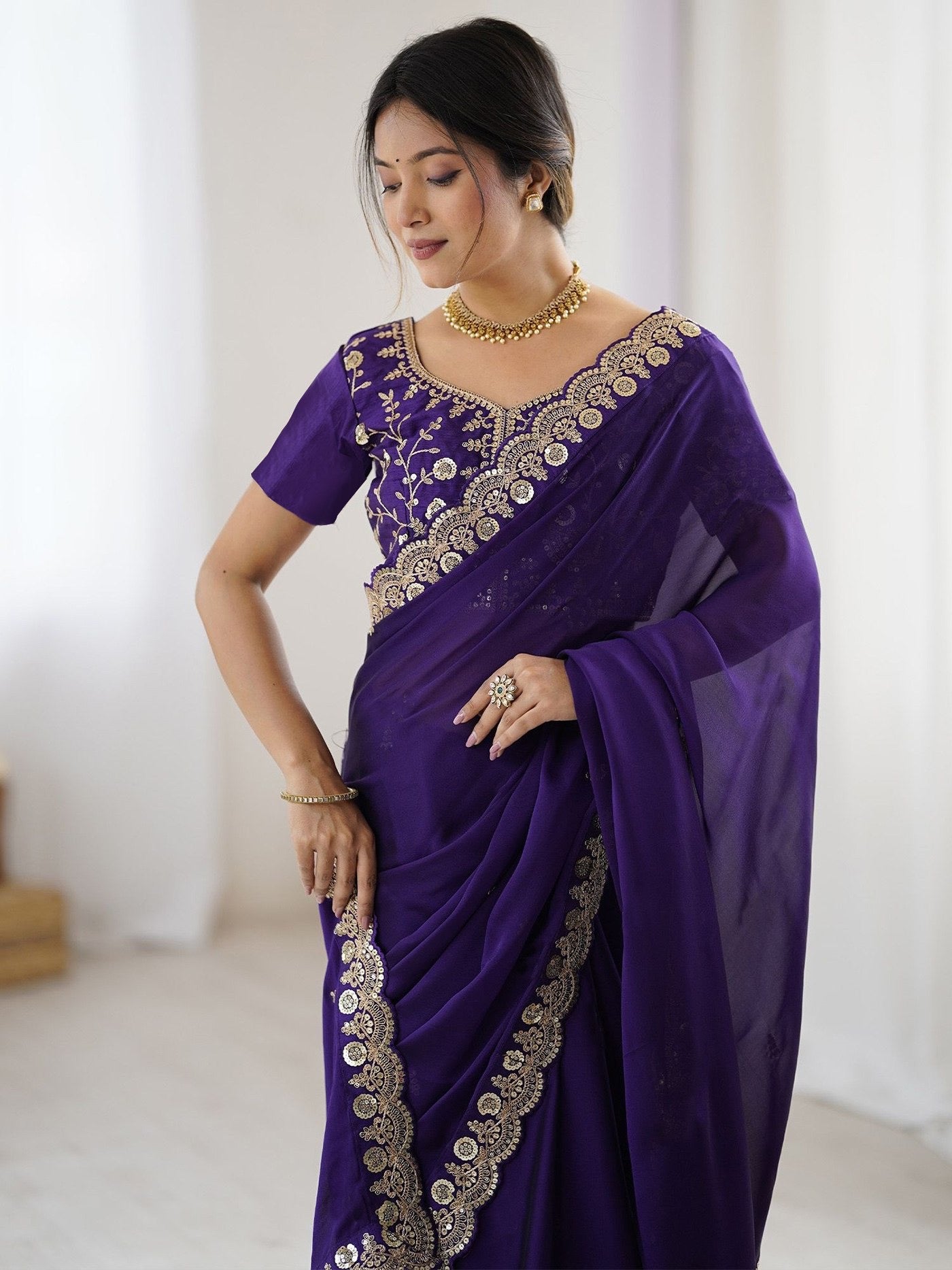 Purple Rangoli Embroidered Party Wear Saree 