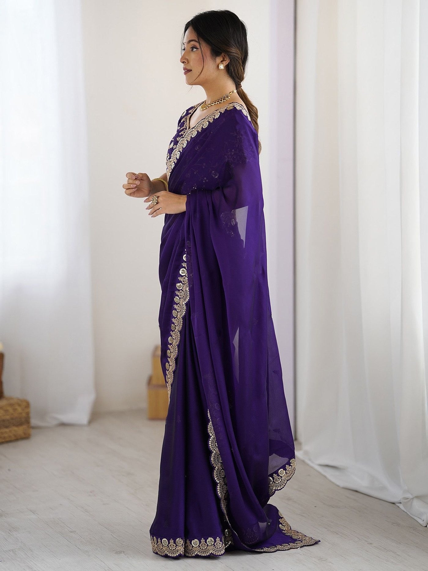 Purple Rangoli Embroidered Party Wear Saree 