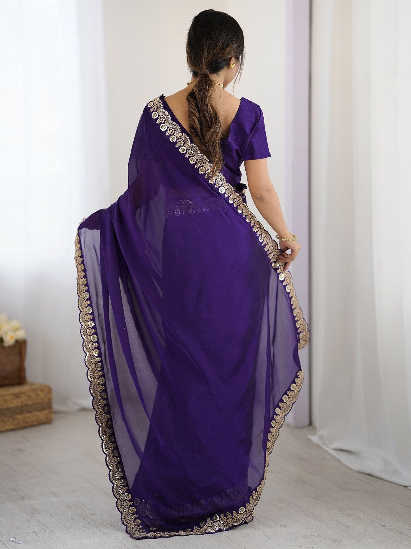 Purple Rangoli Embroidered Party Wear Saree 