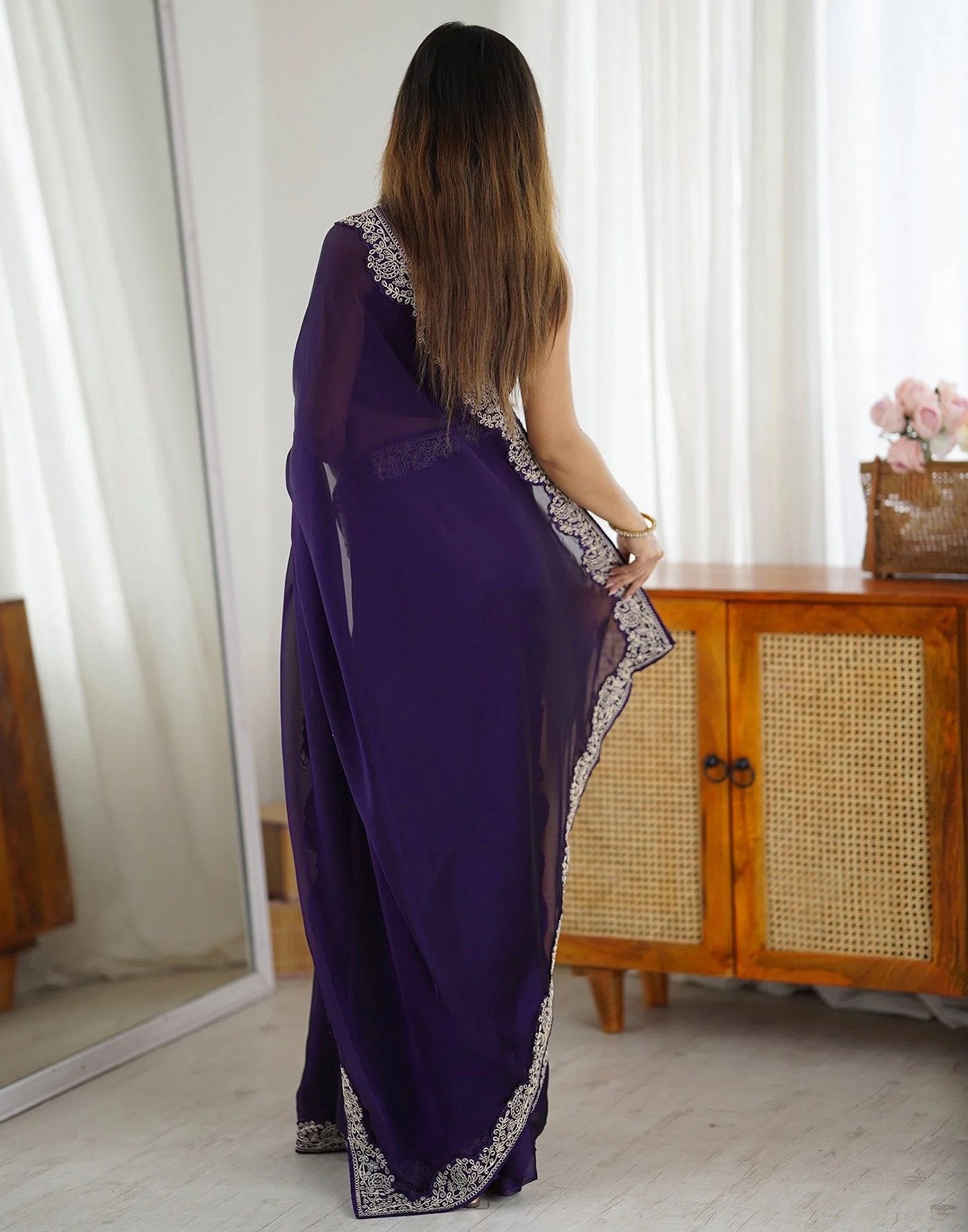 Purple Rangoli Embroidered Border Lace Party Wear Saree 