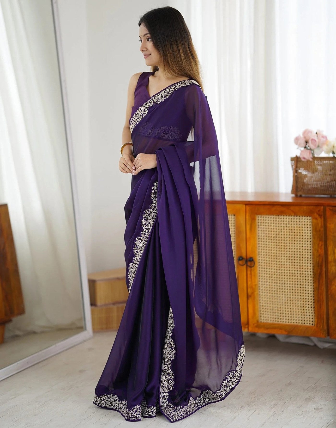 Purple Rangoli Embroidered Border Lace Party Wear Saree 