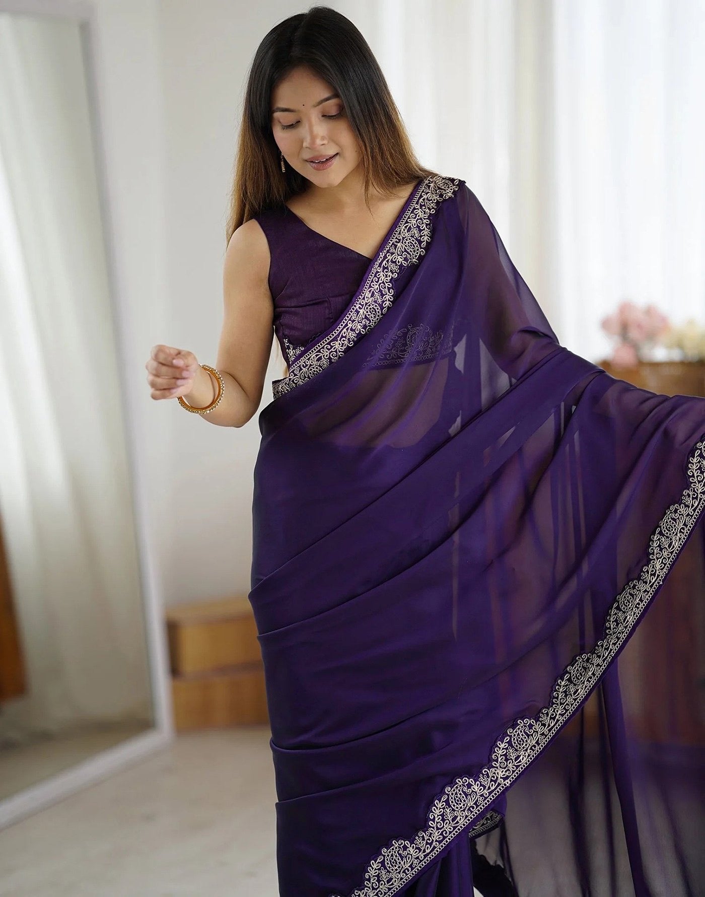 Purple Rangoli Embroidered Border Lace Party Wear Saree 