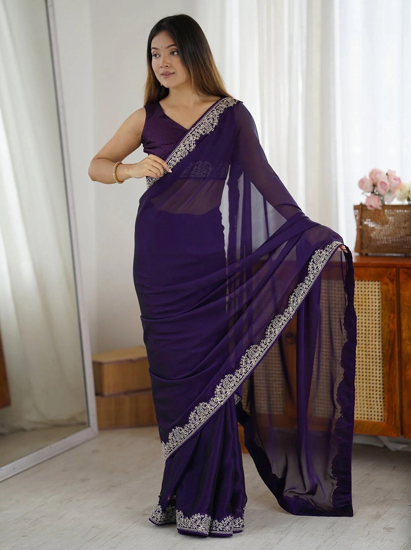 Purple Rangoli Embroidered Border Lace Party Wear Saree 