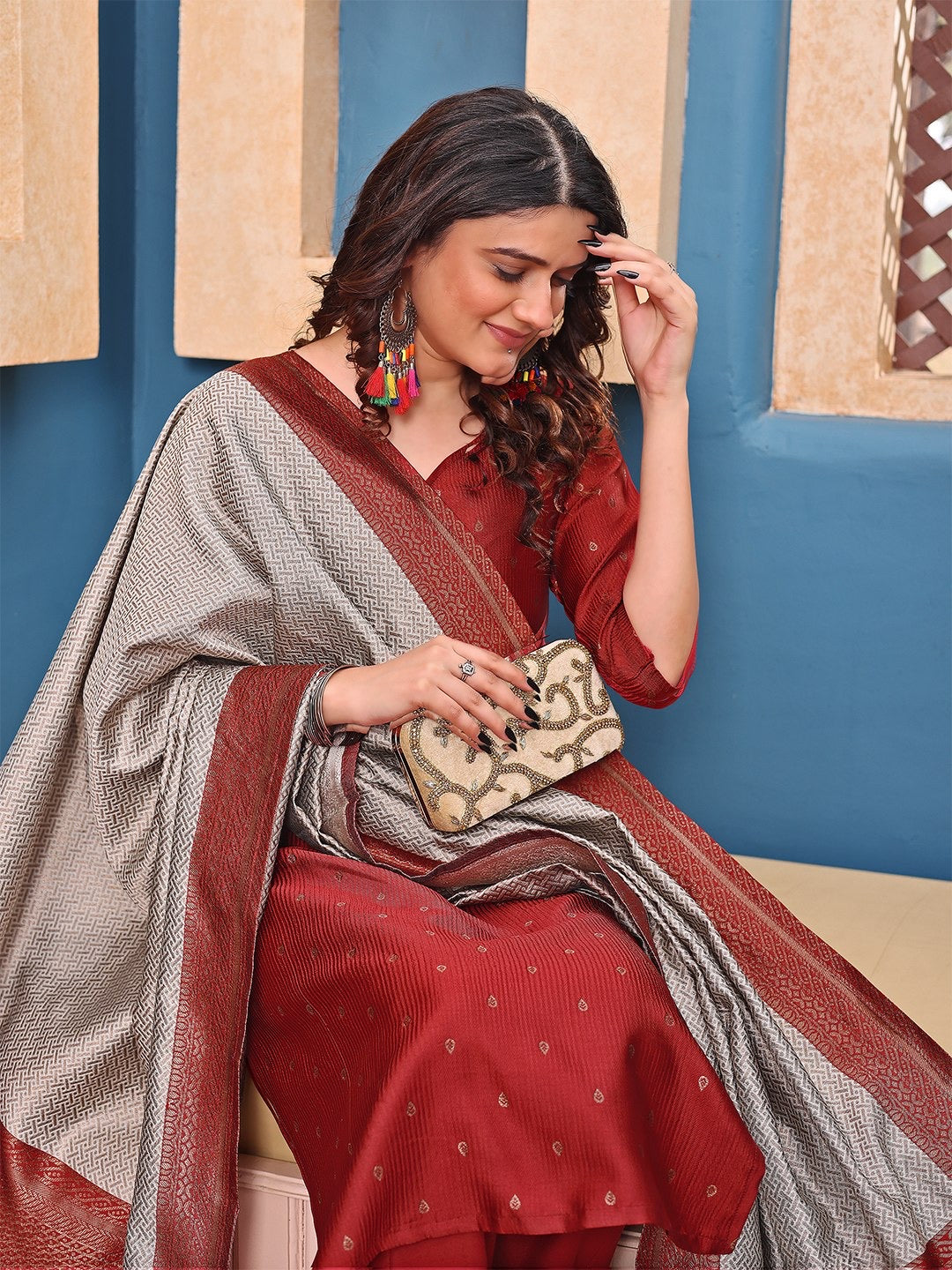 Maroon Silk Jacquard Woven Deisgn Kurta Set 