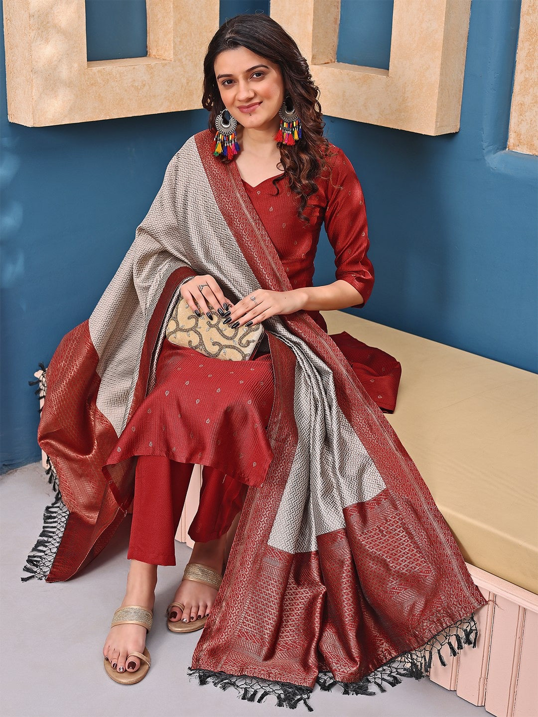Maroon Silk Jacquard Woven Deisgn Kurta Set 