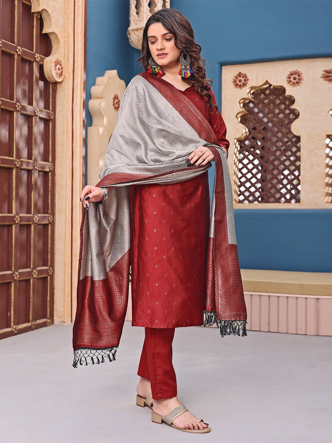 Maroon Silk Jacquard Woven Deisgn Kurta Set 
