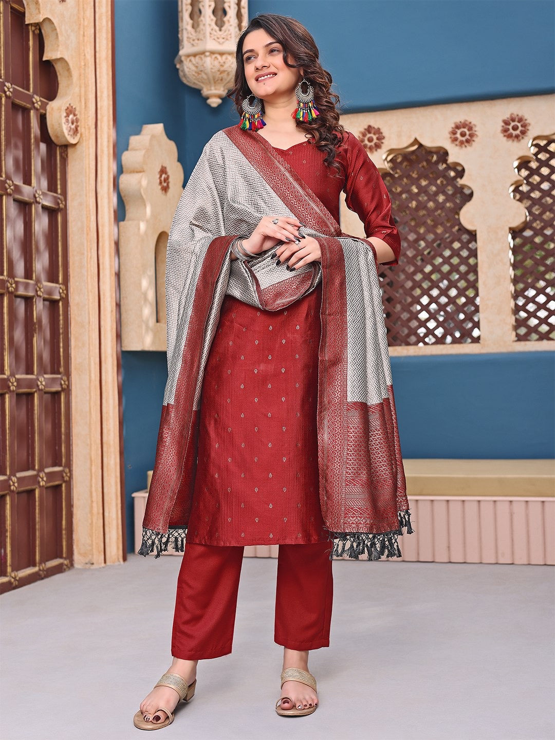 Maroon Silk Jacquard Woven Deisgn Kurta Set 