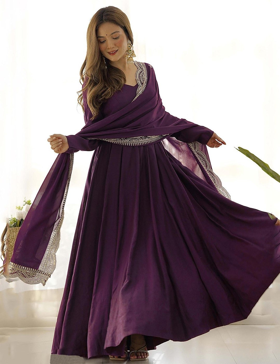 Wine Georgette Solid Sweetheart Neck Kurta Set 