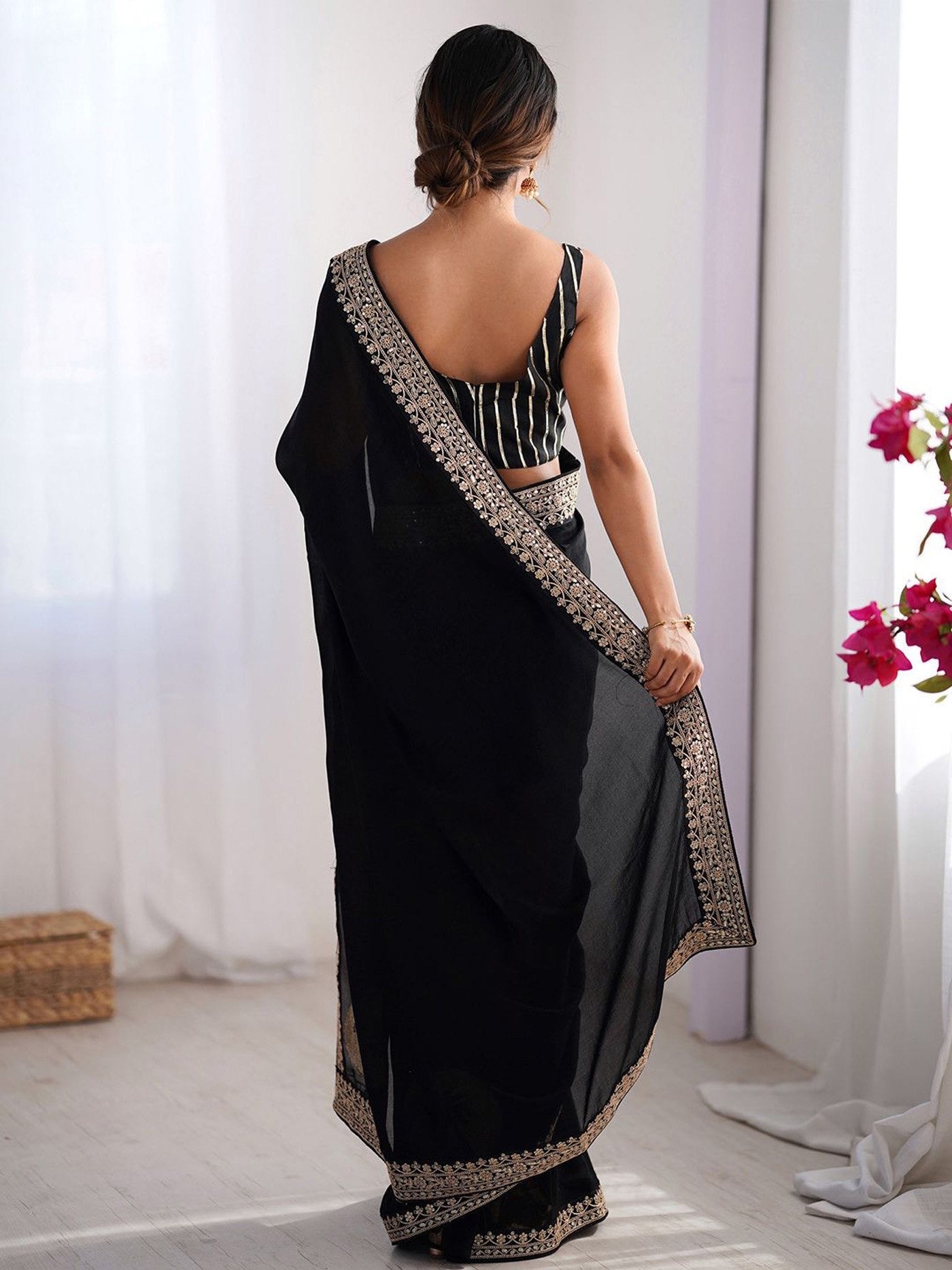 Black Rangoli Border Lace Embroidered Party Wear Saree 